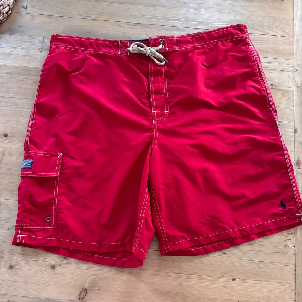Polo Ralph Lauren Mens Red Cargo Swim Trunks Board Shorts XXL 9 Inch Inseam